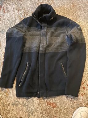 Armani Exchange Gray & Navy Striped Knit Sweater with double zip XS like new